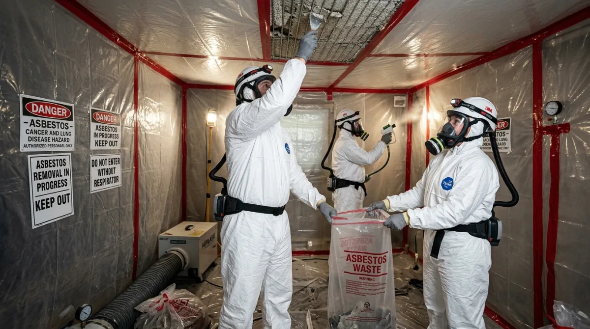 Asbestos abatement workers in disposable protective suits and respirators inside a sealed plastic containment area