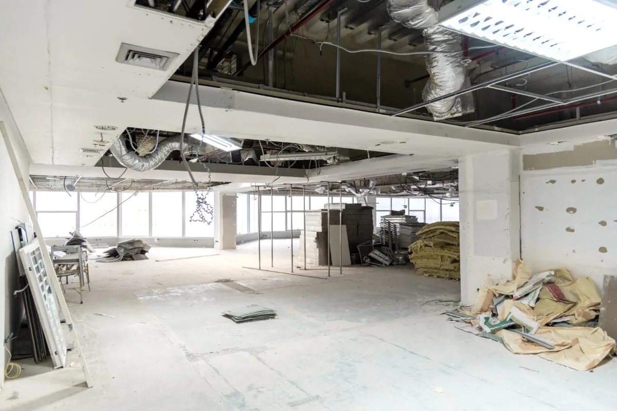 Commercial interior gutted to the shell during strip-out work